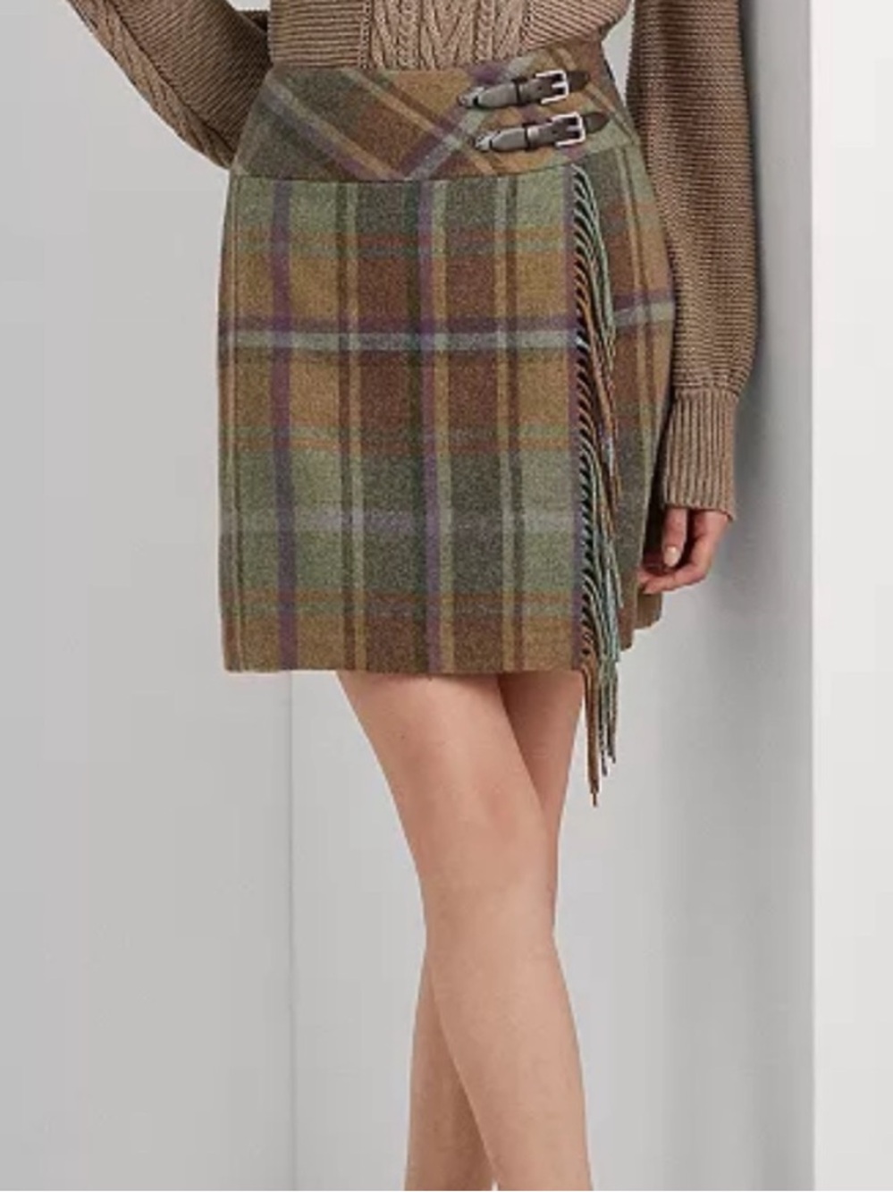 Lauren Ralph Lauren Plaid Fringe Trim Tweed Mini Skirt Buckles Sz 12 Wool Blend - Picture 2 of 15